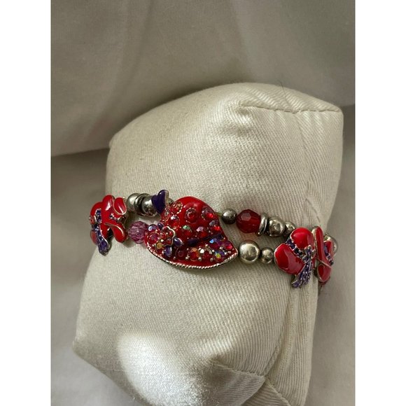 Vintage Silver Tone/Red/Purple Enamel Rhinestone Hat Charm/Bead Stretch Bracelet - Picture 9 of 12